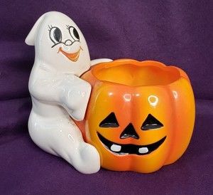 Vintage Holland Floral Planter Halloween Ghost Jack O Lantern Pumpkin Ceramic 5"